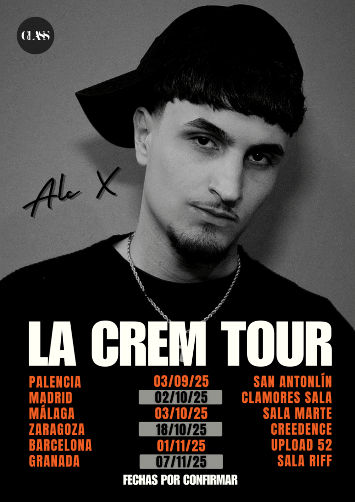 Cartel oficial de la gira "La Crem Tour 2025" del artista ALC X, con las fechas de sus conciertos en Madrid, Barcelona, Granada y otras ciudades.