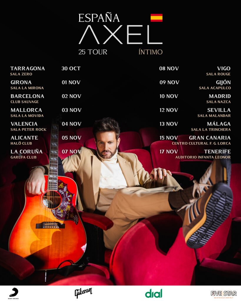 Cartel oficial de la gira "España Axel 25 Tour Íntimo" del cantante Axel, con la lista completa de fechas y ciudades para sus conciertos en España.