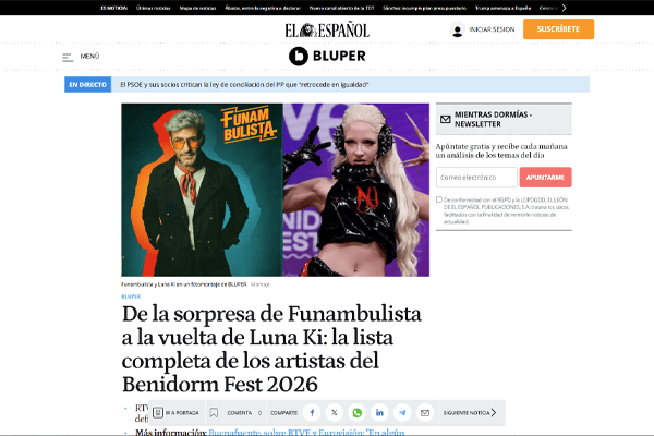 Montaje fotográfico de Bluper (El Español) con Funambulista y Luna Ki, como parte de la lista de artistas del Benidorm Fest 2026.