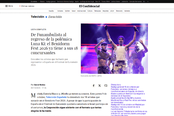 Imagen de un concierto ilustrando el artículo de El Confidencial sobre la lista de concursantes del Benidorm Fest 2026, incluyendo a Funambulista y Luna Ki.