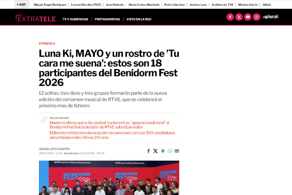 Foto de grupo de los 18 participantes del Benidorm Fest 2026 en el artículo de Extratele, destacando a Luna Ki y MAYO.