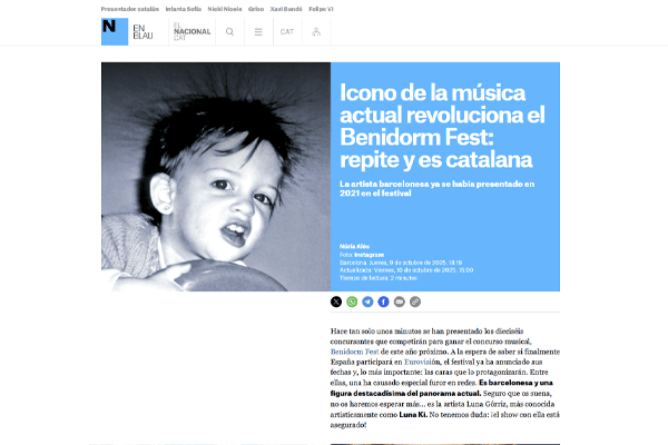Foto de la infancia de Luna Ki, utilizada en un artículo de El Nacional para anunciar su regreso al Benidorm Fest como un icono de la música catalana.
