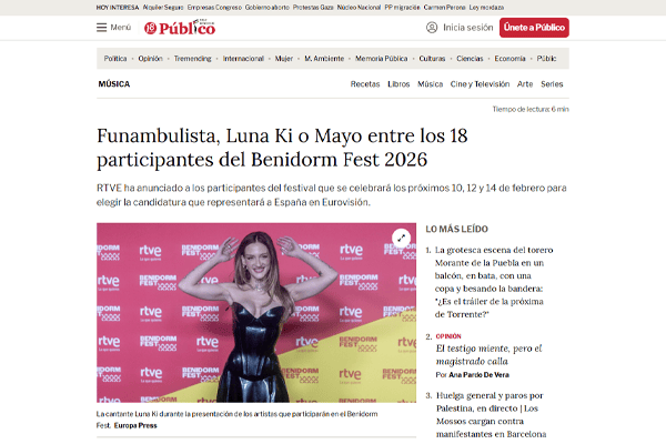 Luna Ki en la presentación de artistas del Benidorm Fest, en una noticia del diario Público sobre los 18 participantes.