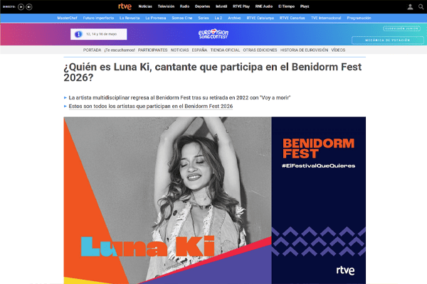 Gráfica oficial de RTVE presentando a Luna Ki como cantante participante en el Benidorm Fest 2026.