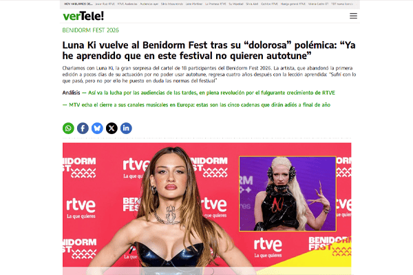 Artículo de verTele sobre la vuelta de Luna Ki al Benidorm Fest y su "dolorosa polémica" con el autotune.