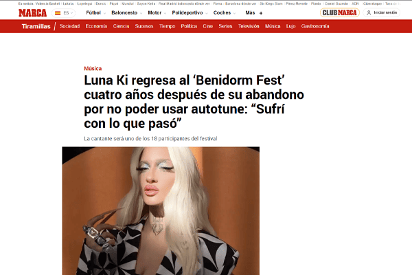 Primer plano de Luna Ki en el artículo de MARCA sobre su regreso al Benidorm Fest tras su abandono por no poder usar autotune.