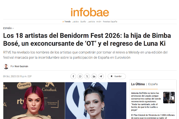 Montaje fotográfico de Infobae con los artistas del Benidorm Fest 2026, destacando el regreso de Luna Ki.