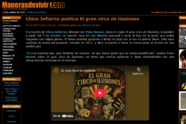Artículo en Manerasdevivir.com sobre la publicación del nuevo álbum de Chico Infierno, "El gran circo de ilusiones".